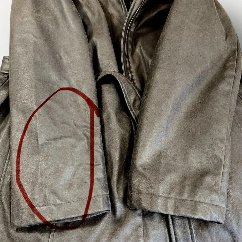 Giacca Vintage Faux Leather Belted Peacoat Jacket Faux Fur Collar Size XL Brown - Picture 16 of 16